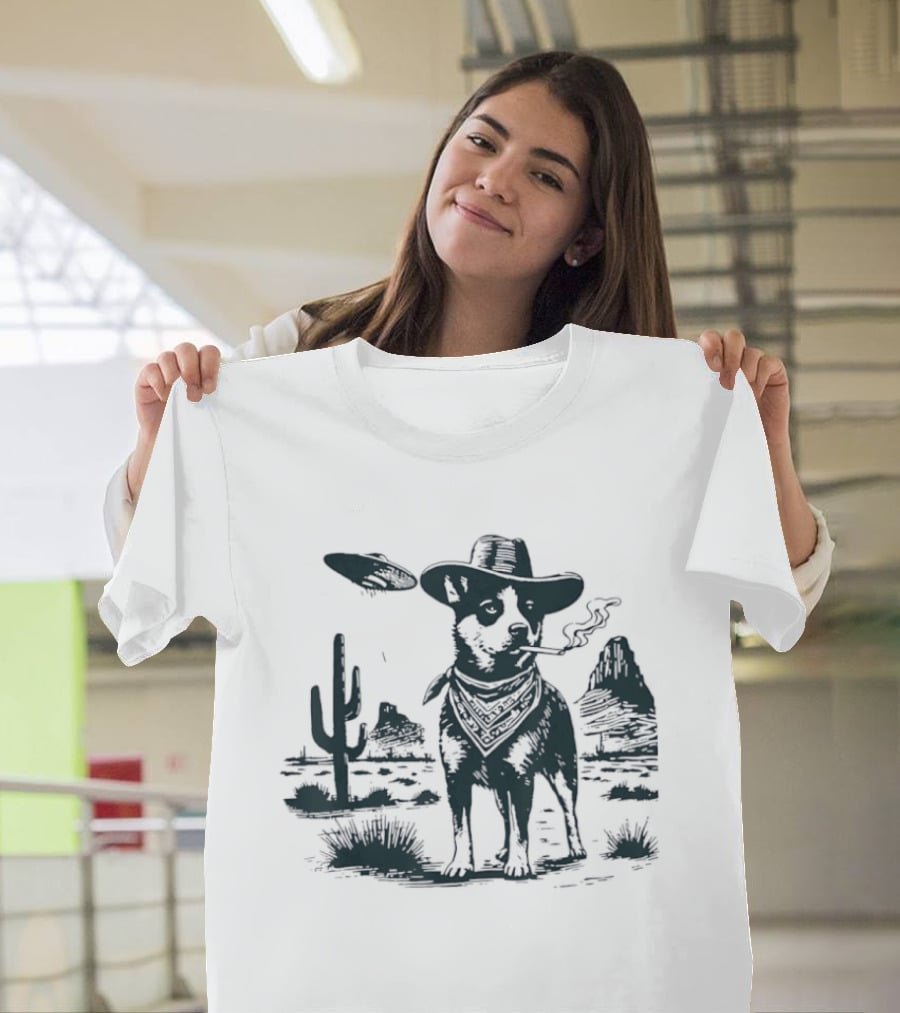 Australian Cattle Dog Smoking With UFO And Western Cowboy Desert Scene T-Shirt
