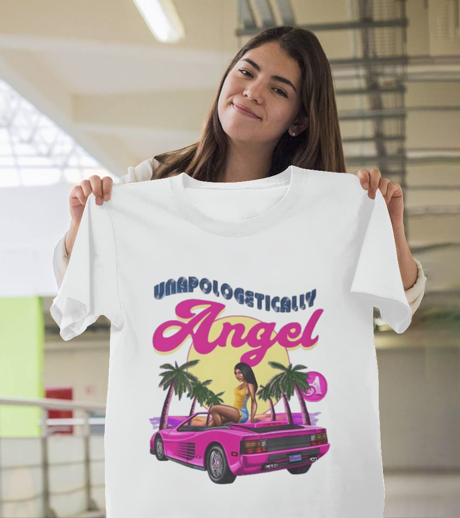 Unapologetically Angel Paradise Sunset With Pink Car And Palm Trees T-Shirt