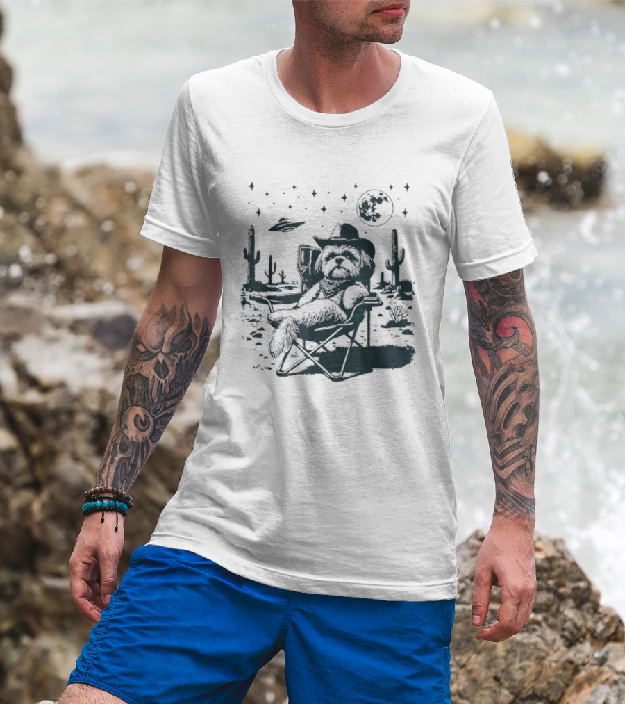 Shih Tzu Cowboys UFO Western Desert Scene Cactus Moon Stars T-Shirt