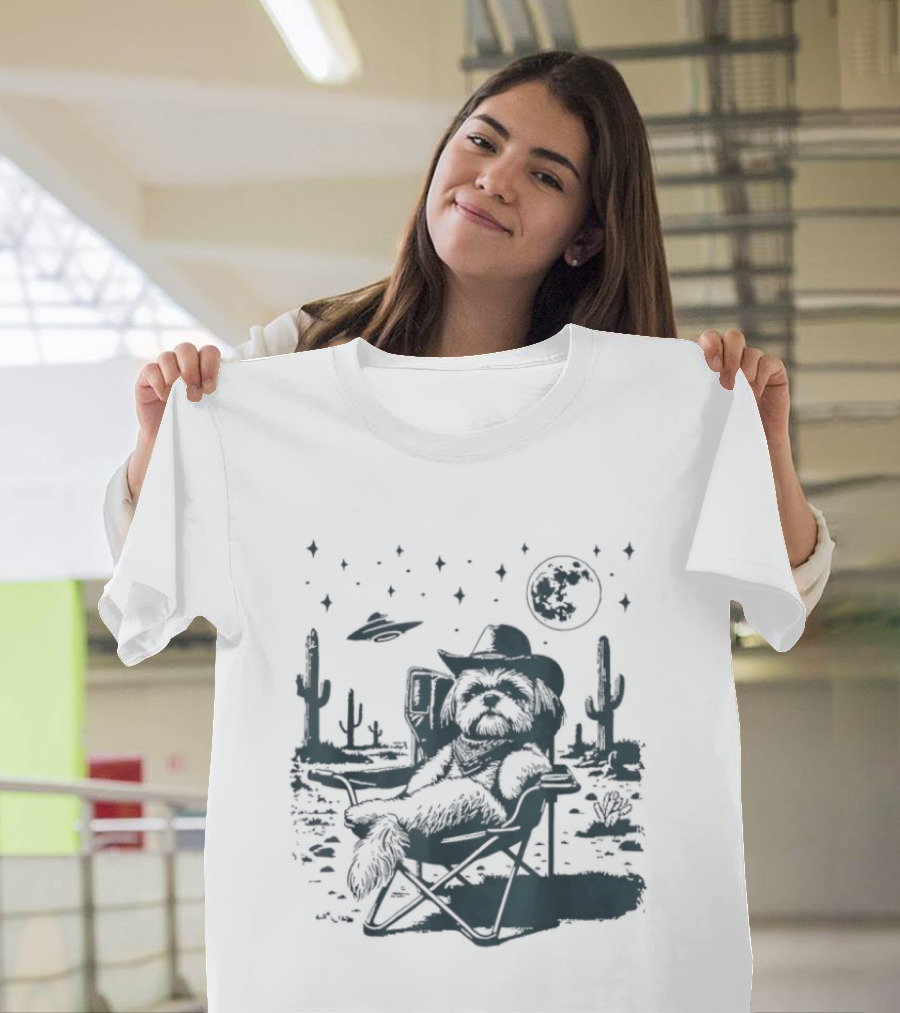 Shih Tzu Cowboys UFO Western Desert Scene Cactus Moon Stars T-Shirt
