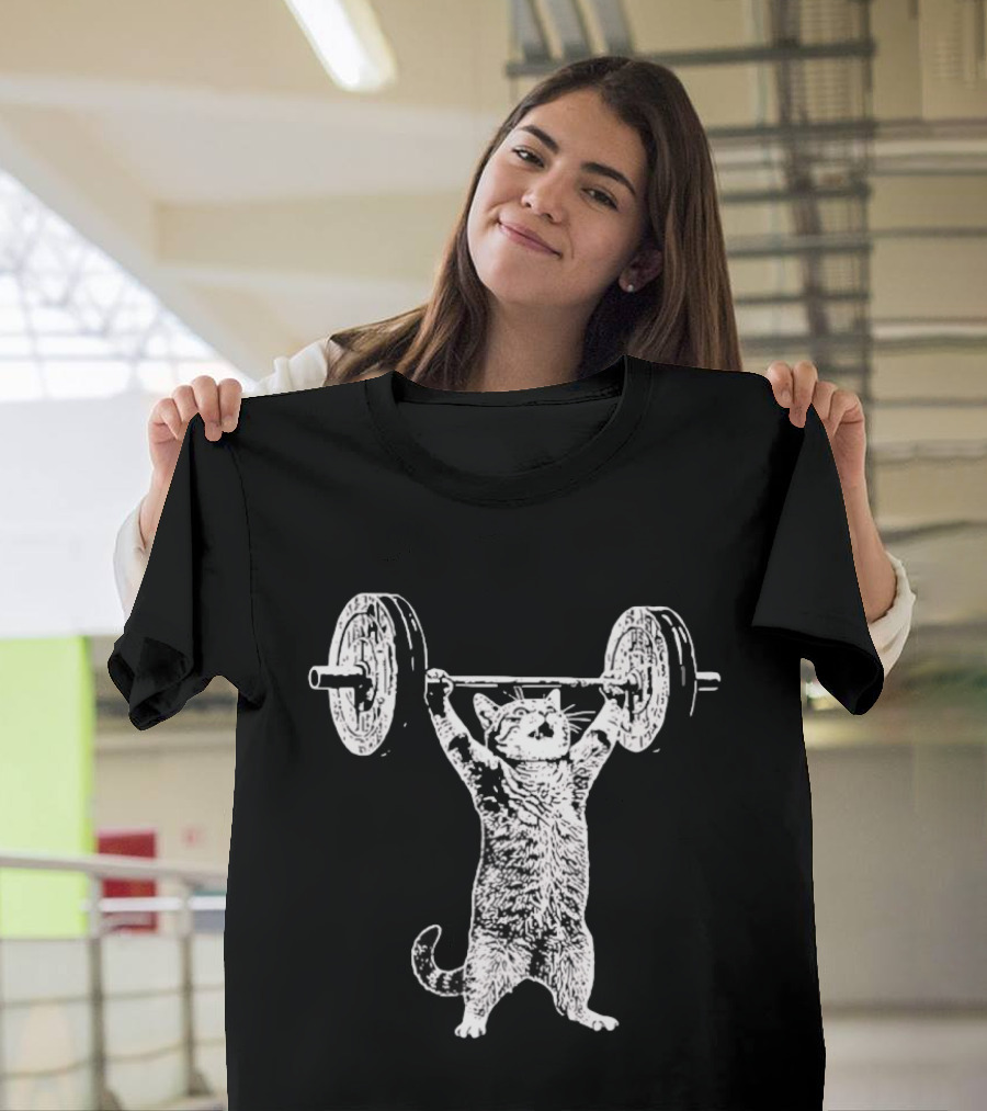Cat Shoulder Overhead Press Weightlifting Feline Lifting Barbell T-Shirt