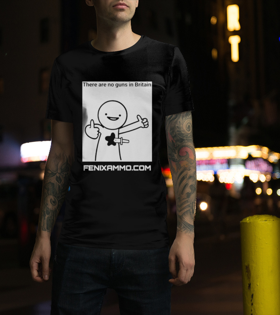 There Are No Guns In Britain Fenixammo Com Happy Character With Gun Hand Gesture T-Shirt