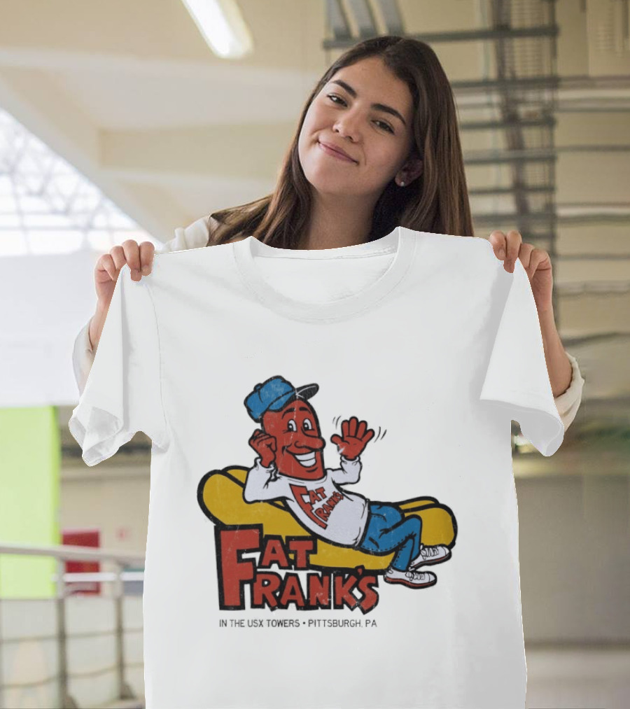 Fat Frank's In The USX Towers Pittsburgh PA Hot Dogs Retro Cartoon T-Shirt