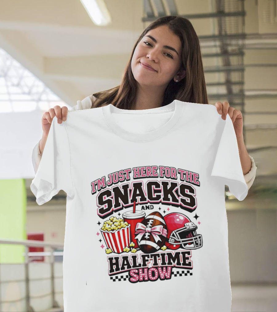 I'm Just Here For The Snacks And Halftime Show Football Popcorn Pink Coquette T-Shirt