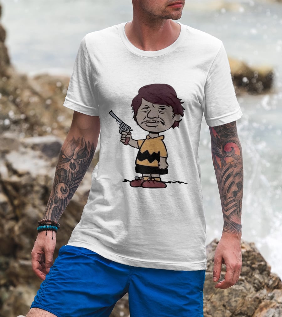 Charles Bronson Charlie Brown Mashup Character With Gun T-Shirt