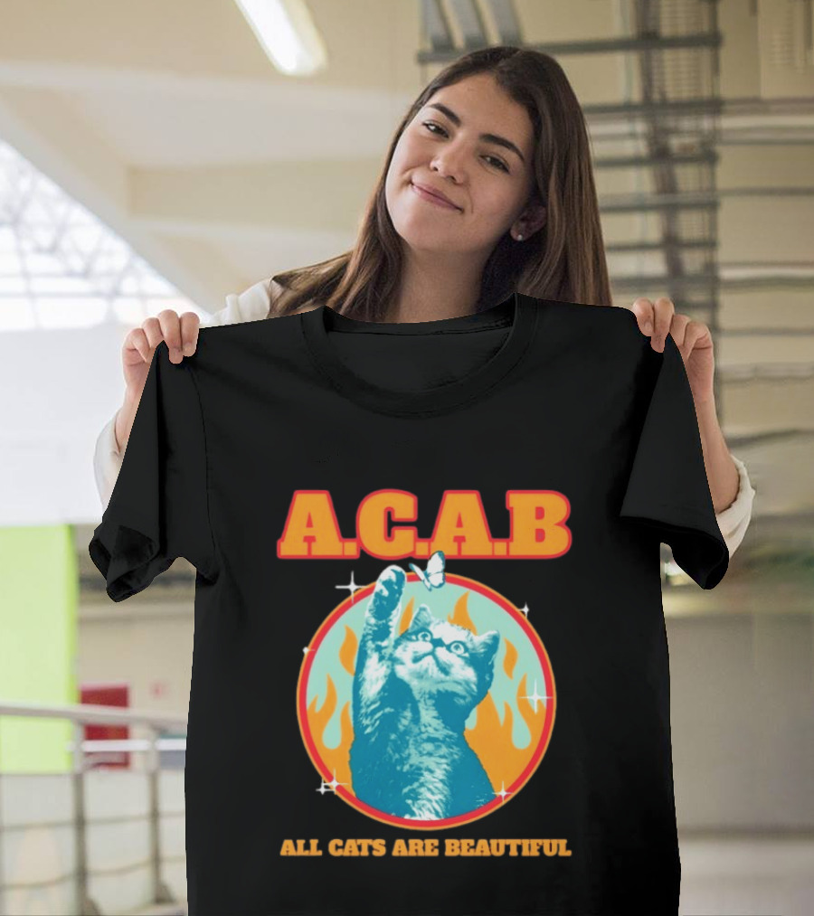 A.C.A.B Cat with Butterfly and Flames T-Shirt