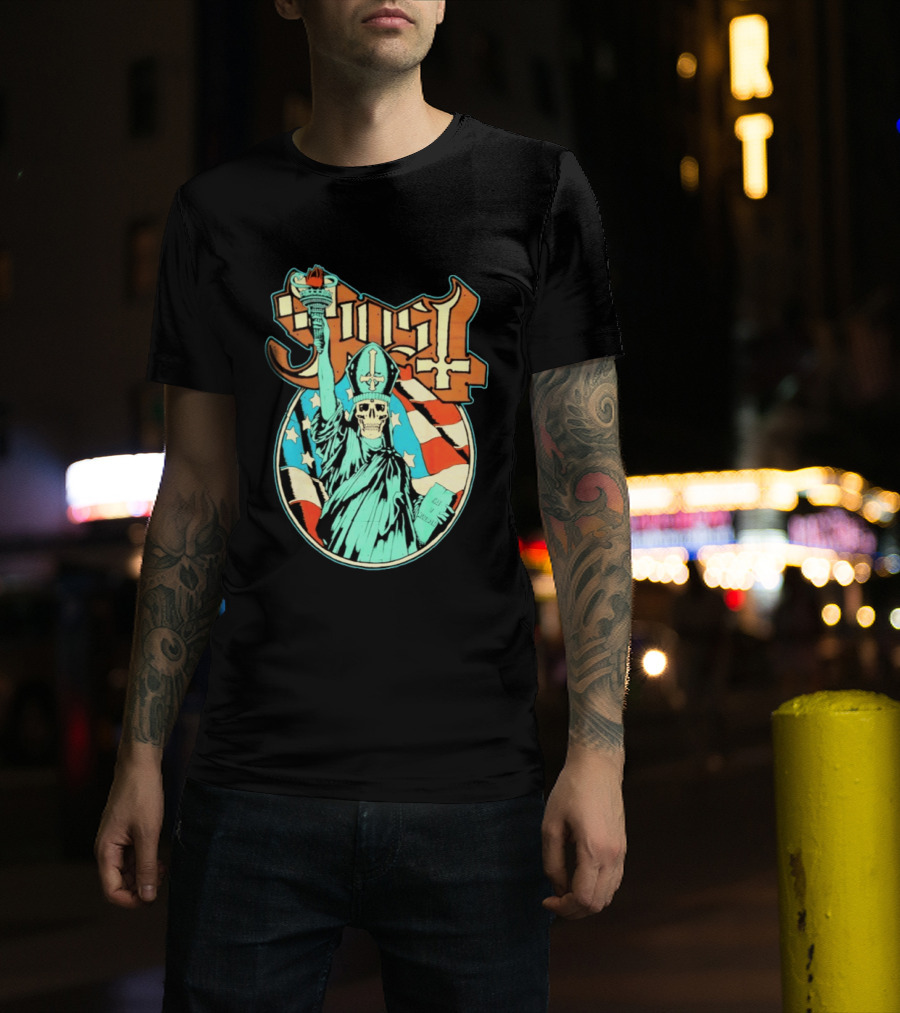 Ghost Statue Of Liberty Skeleton Torch Metal Band T-Shirt