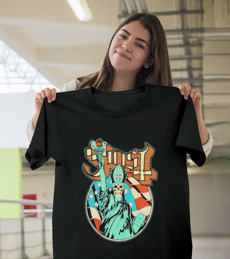 Ghost Statue Of Liberty Skeleton Torch Metal Band T-Shirt