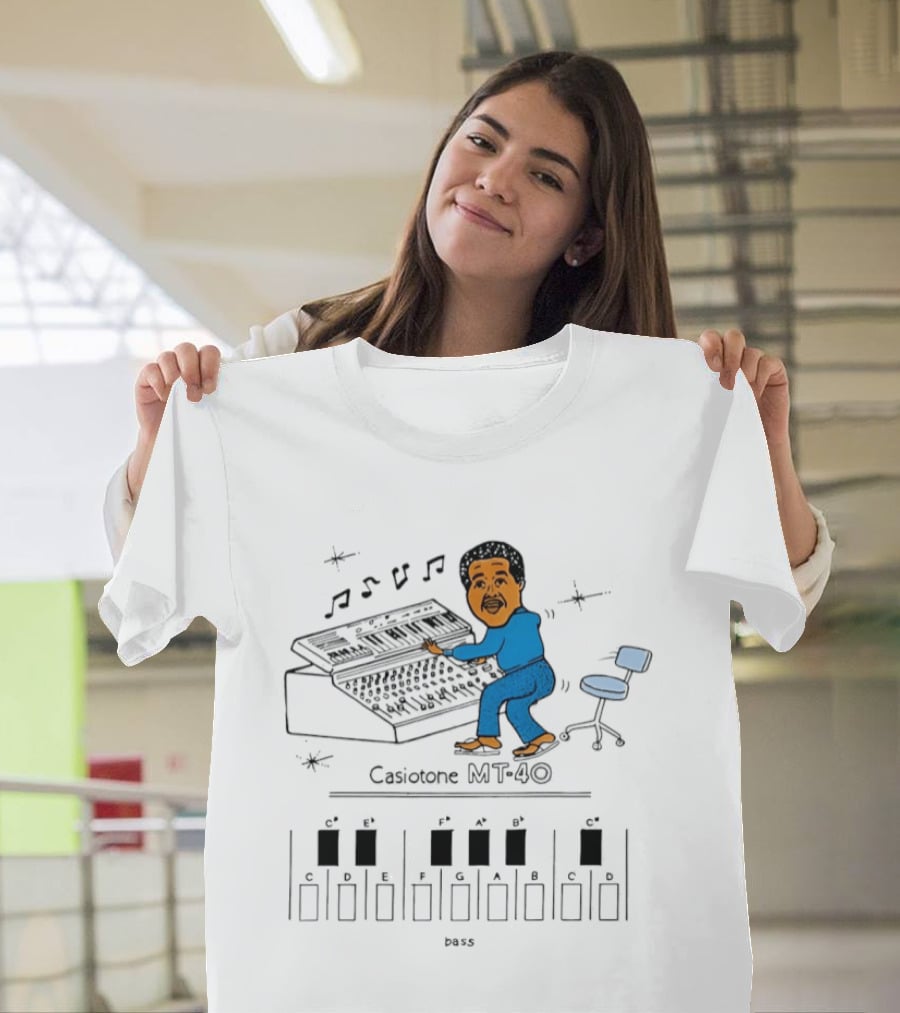 Casiotone MT 40 Vintage Cartoon Musician With Keyboard Notes And Rhythm T-Shirt