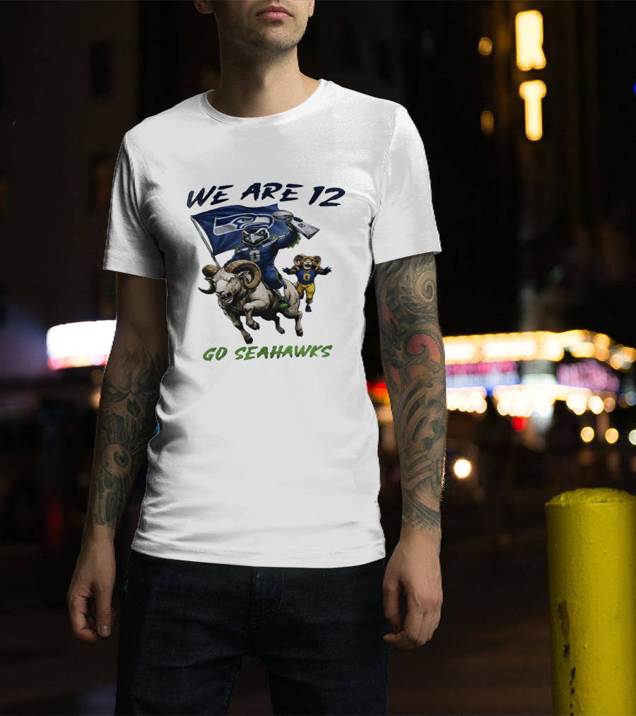 We Are 12 Go Seahawks Riding Goat With Seahawks Flag T-Shirt