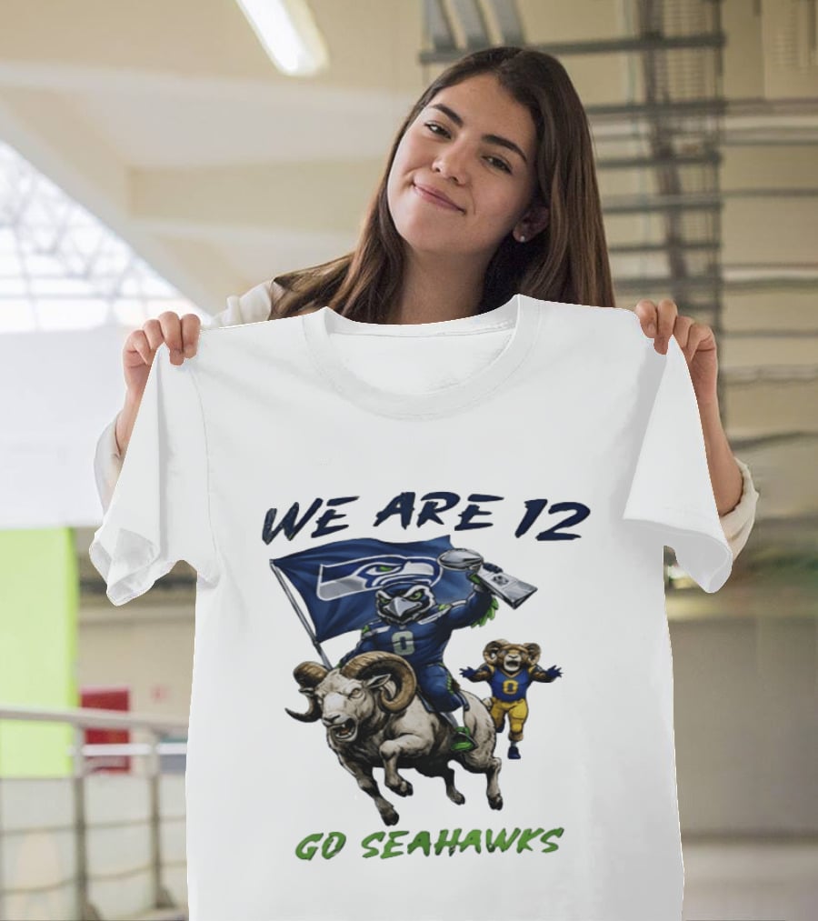 We Are 12 Go Seahawks Riding Goat With Seahawks Flag T-Shirt