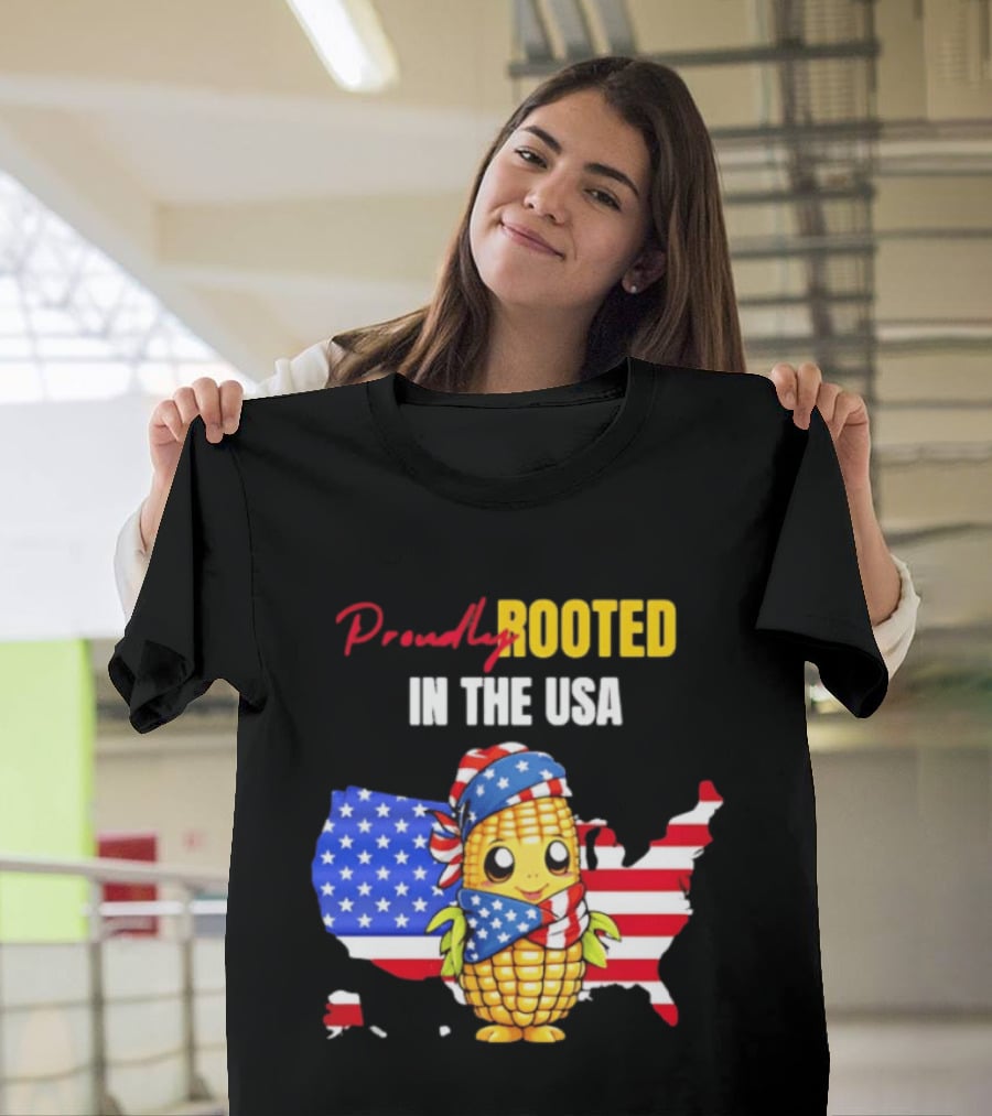 Proudly Rooted In The USA Corn American Flag Map T-Shirt