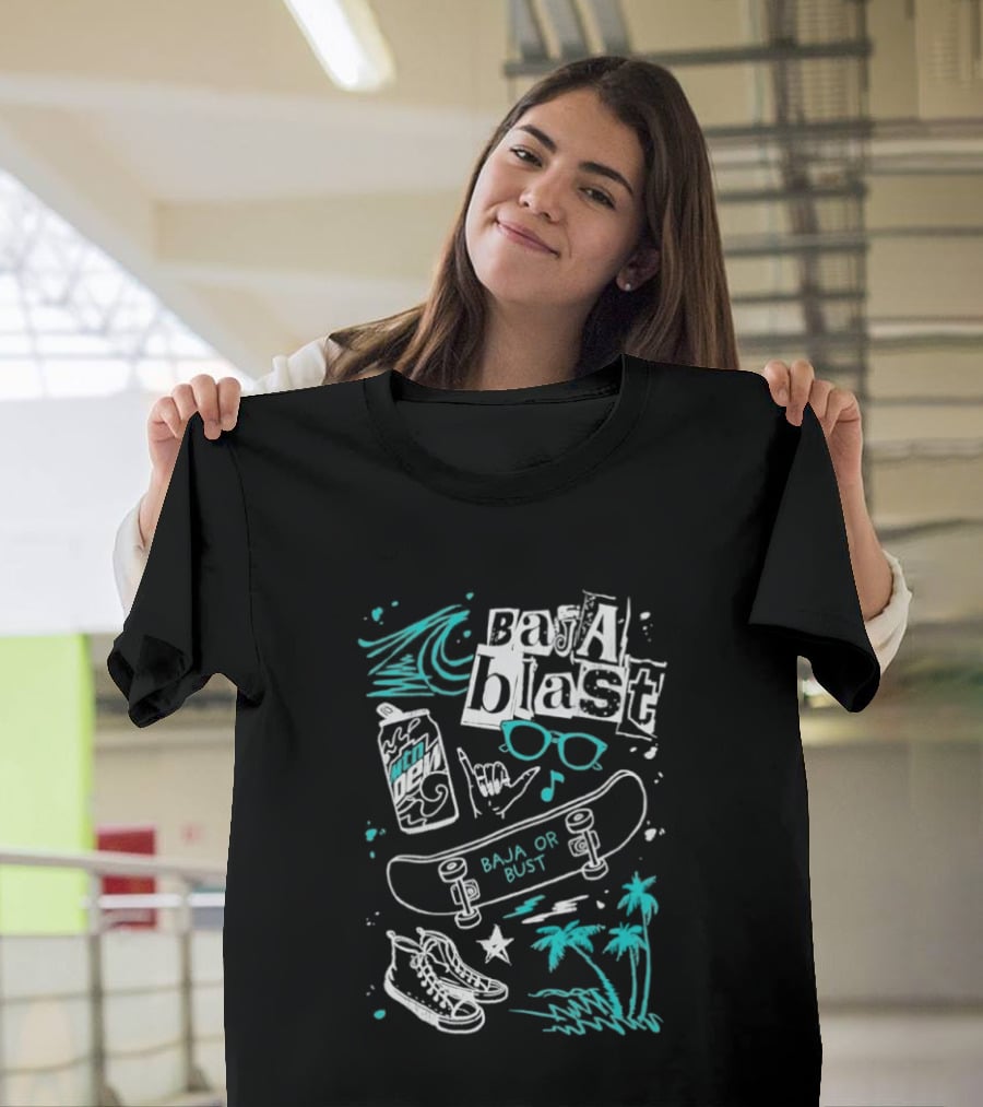 Mountain Dew Baja Blast Skateboard Surf Vibes Ocean Palms Adventure T-Shirt