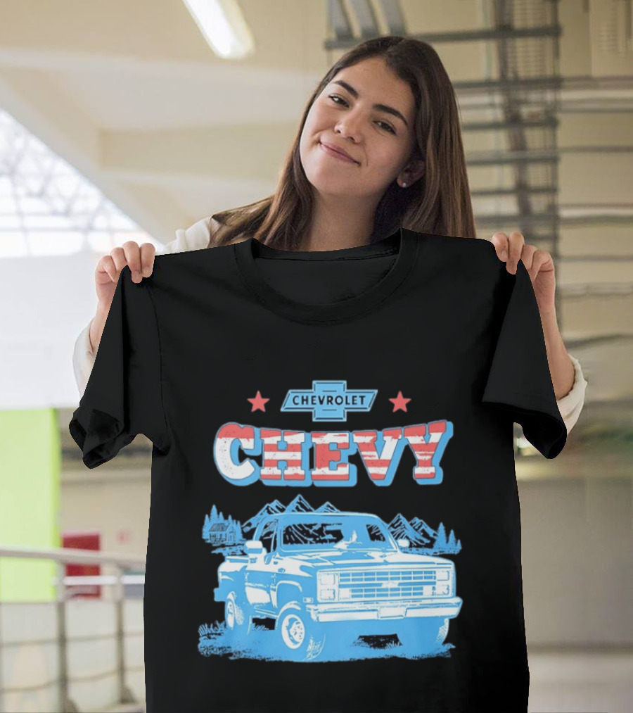 Chevy Chevrolet Truck Vintage Stars And Stripes Retro Mountain Scene T-Shirt