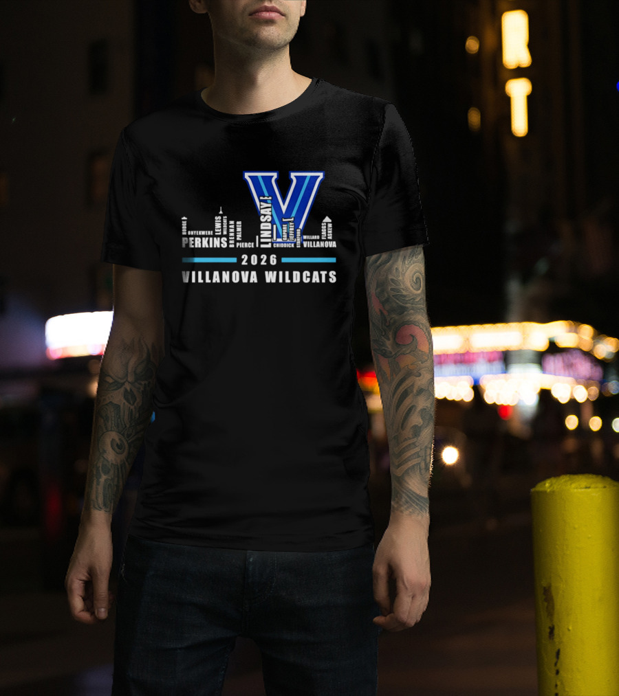 2026 Villanova Wildcats V With City Skyline And Player Names T-Shirt