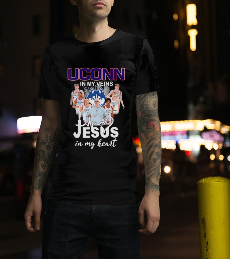 UConn Huskies Coach Dan Hurley Players Jesus In My Heart In My Veins T-Shirt