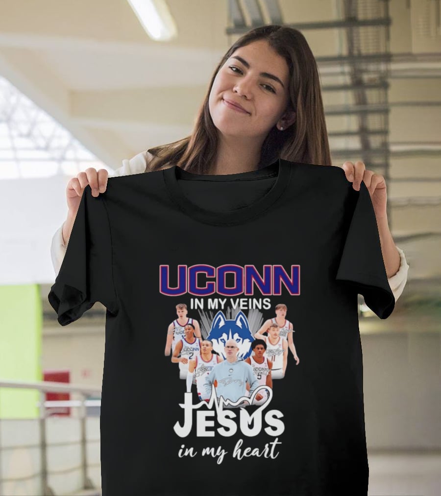 UConn Huskies Coach Dan Hurley Players Jesus In My Heart In My Veins T-Shirt