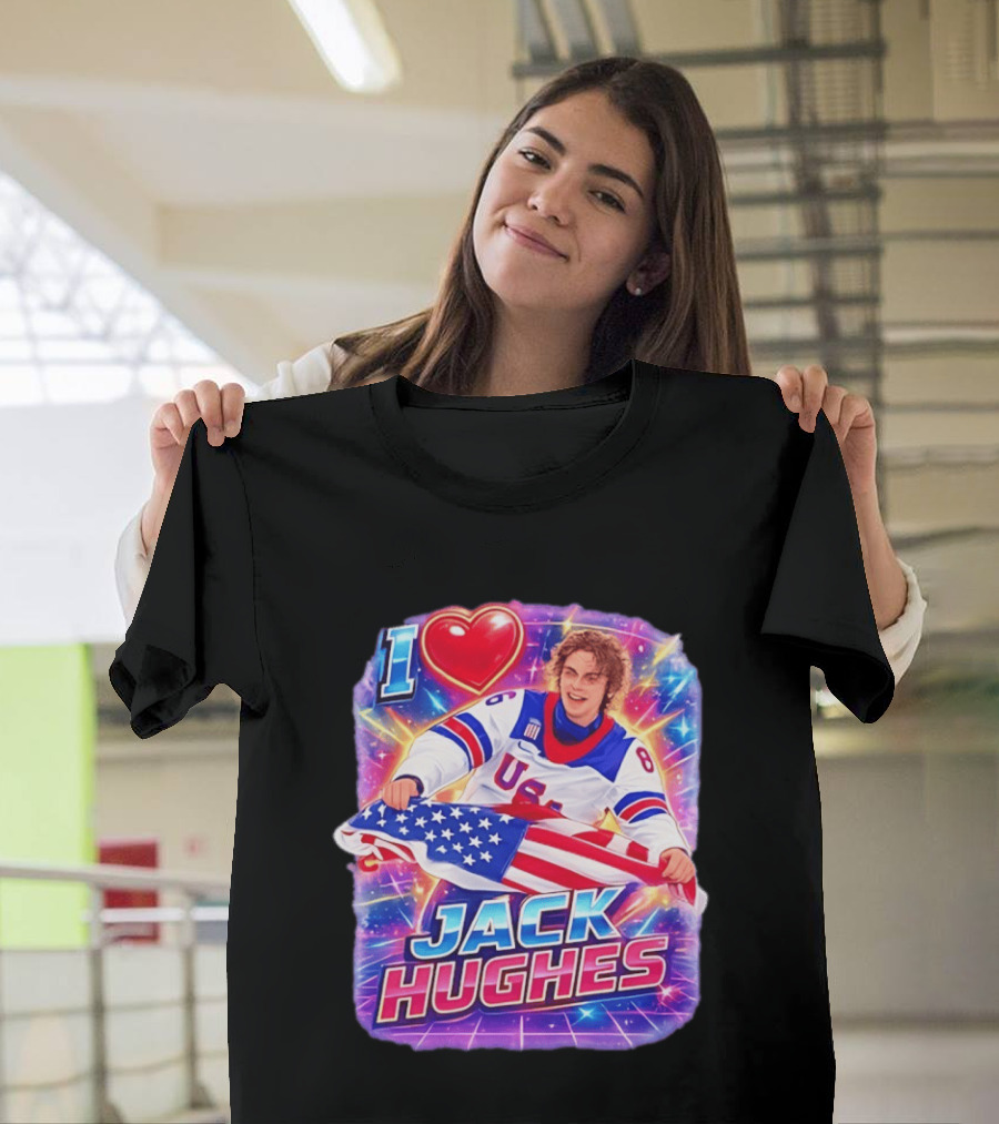 I Love Jack Hughes USA Hockey Flag Celebration T-Shirt