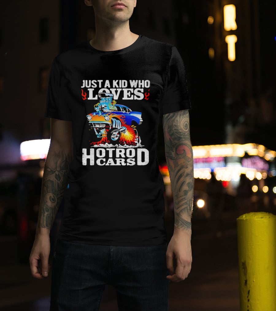 Just A Kid Who Loves Hotrod Cars Cartoon Flames T-Shirt