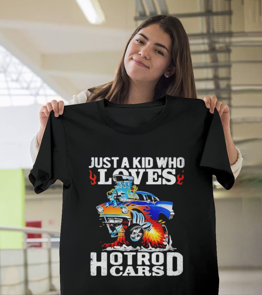 Just A Kid Who Loves Hotrod Cars Cartoon Flames T-Shirt