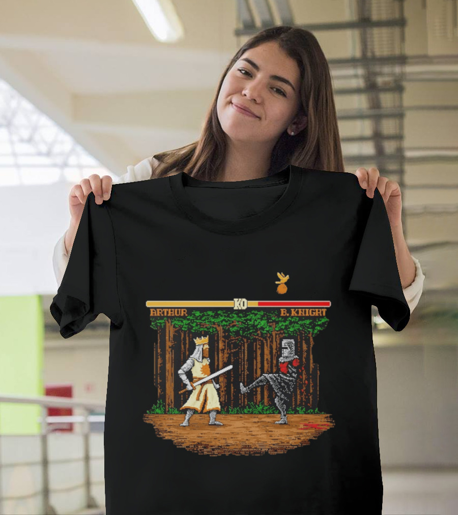 King Arthur Vs Black Knight KO Monty Python And The Holy Grail Pixel Art Forest Duel T-Shirt