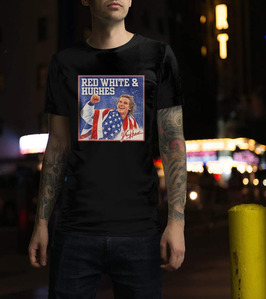 Red White & Hughes USA Jack Hughes Signature Fist Pump Celebration T-Shirt
