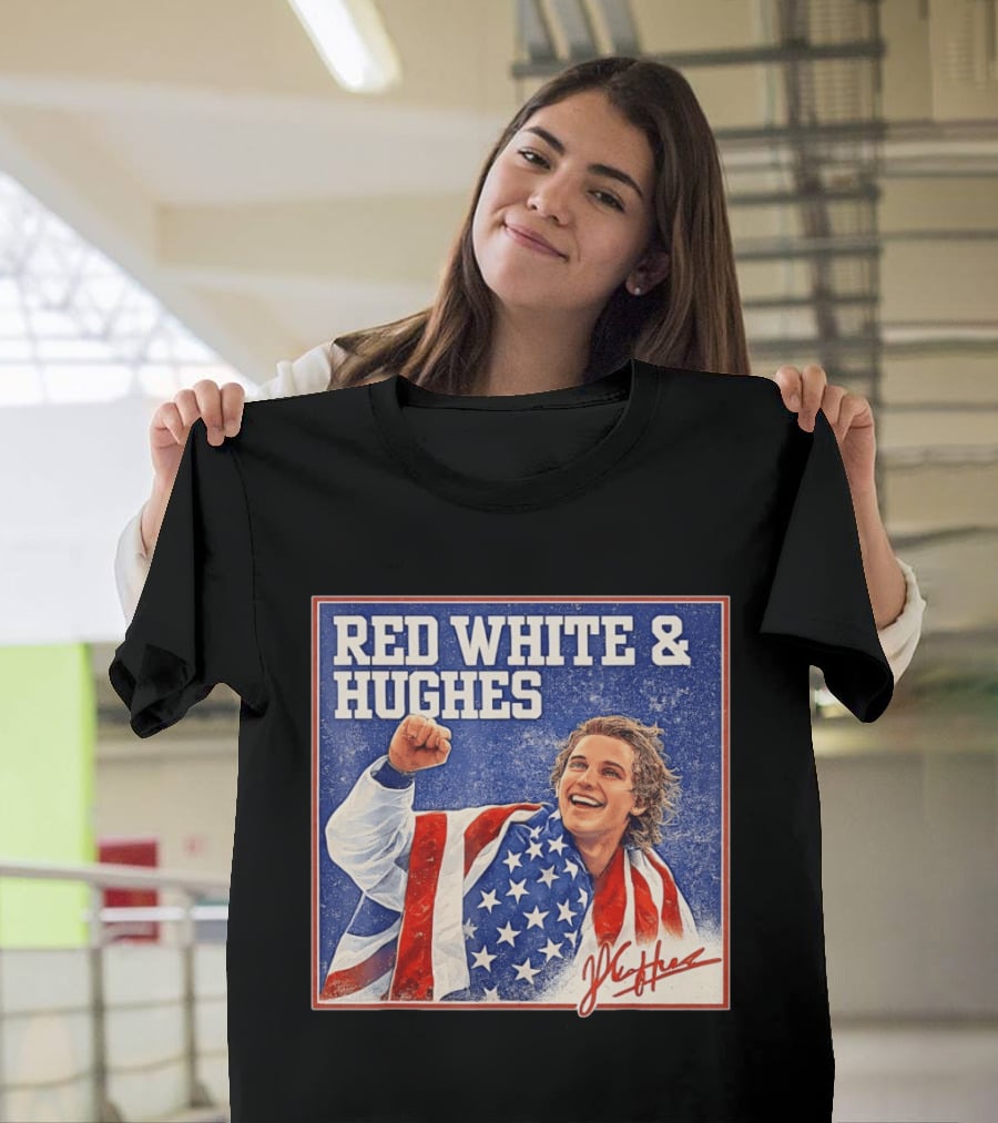 Red White & Hughes USA Jack Hughes Signature Fist Pump Celebration T-Shirt
