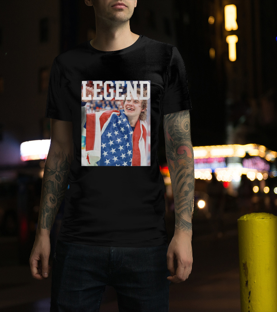 Men's Hockey USA Jack Hughes Legend American Flag Victory Celebration T-Shirt