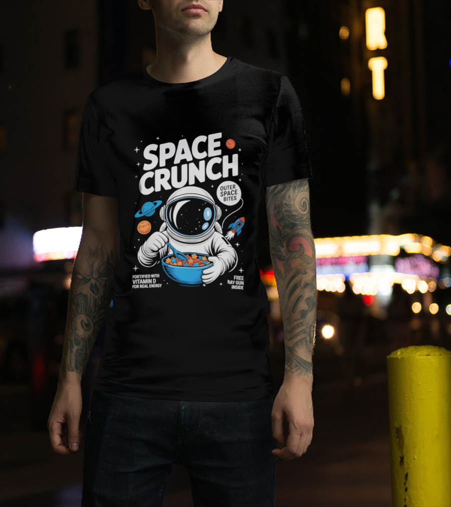 Space Crunch Outer Space Bites Astronaut Eating Cereal Planets Rockets T-Shirt