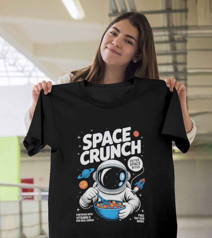 Space Crunch Outer Space Bites Astronaut Eating Cereal Planets Rockets T-Shirt