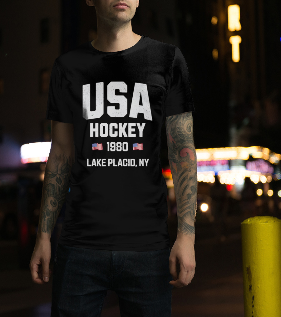 USA Hockey 1980 Lake Placid NY American Flags T-Shirt