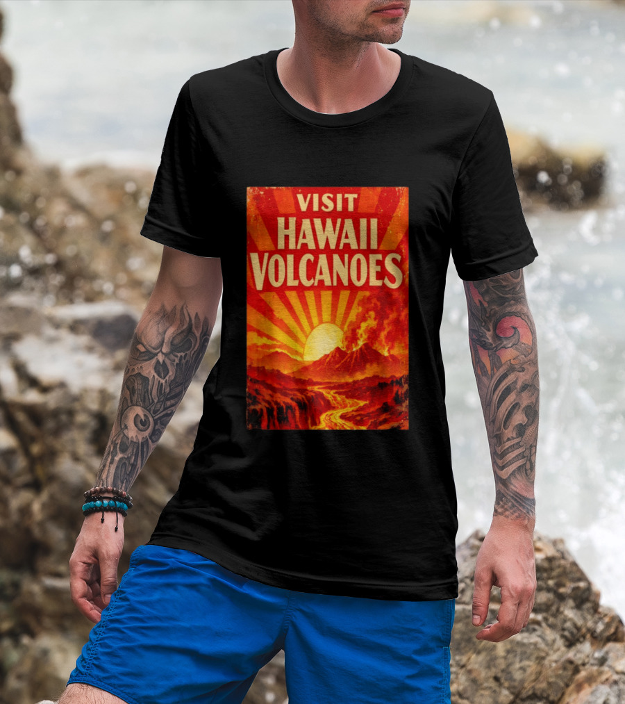 Visit Hawaii Volcanoes Vintage Travel With Erupting Mountain And Sunset Rays T-Shirt