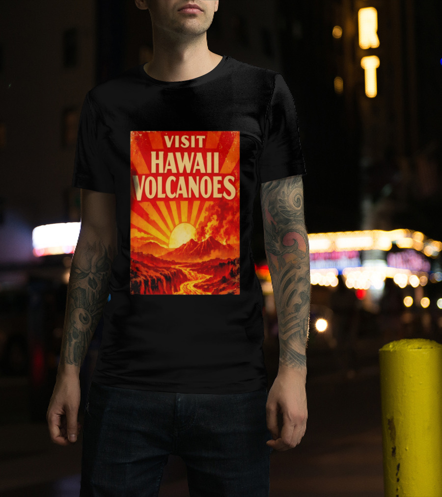 Visit Hawaii Volcanoes Vintage Travel With Erupting Mountain And Sunset Rays T-Shirt