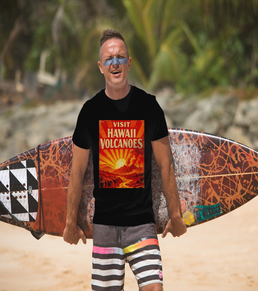 Visit Hawaii Volcanoes Vintage Travel With Erupting Mountain And Sunset Rays T-Shirt