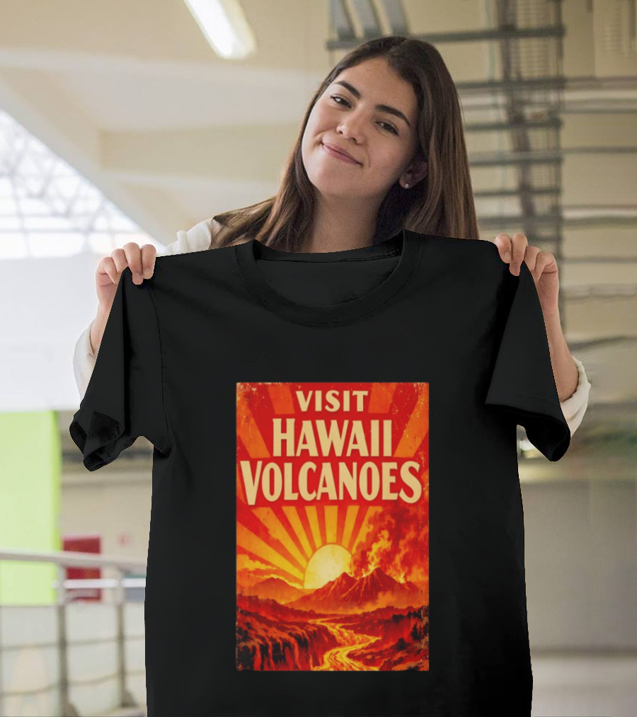 Visit Hawaii Volcanoes Vintage Travel With Erupting Mountain And Sunset Rays T-Shirt
