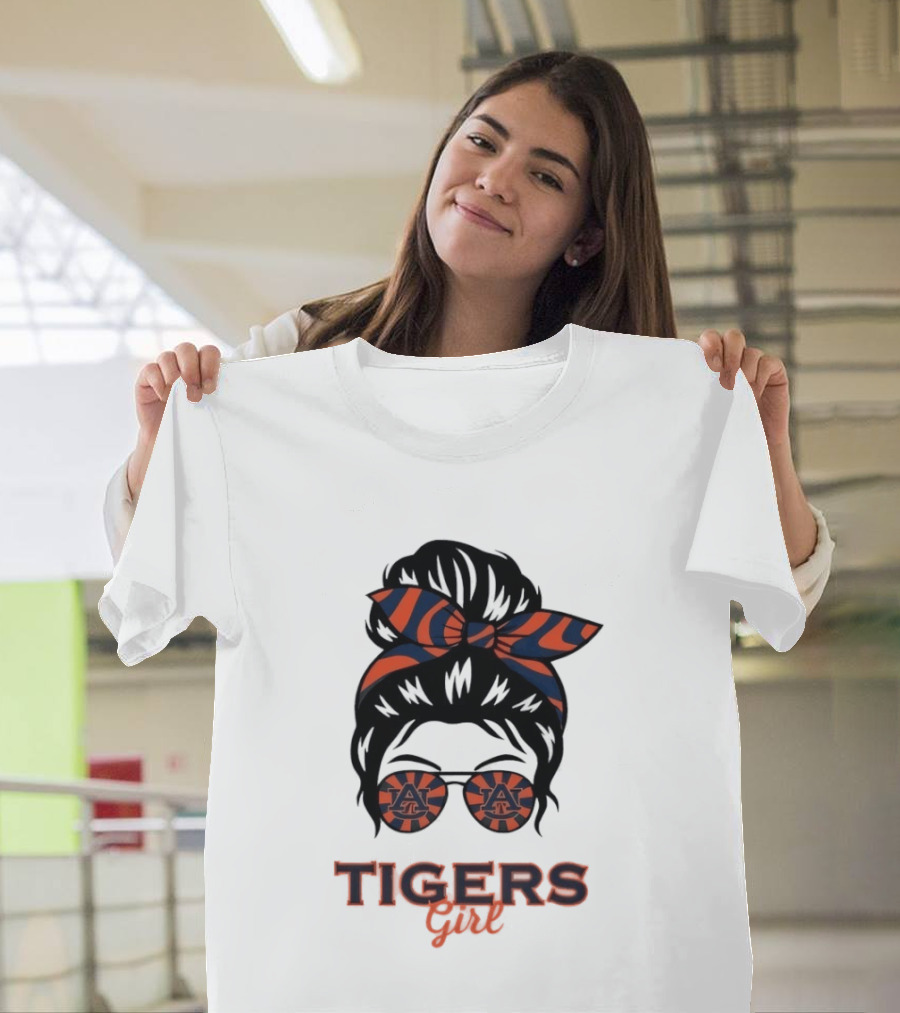 Auburn Tigers Girl Messy Bun Glasses Bow T-Shirt