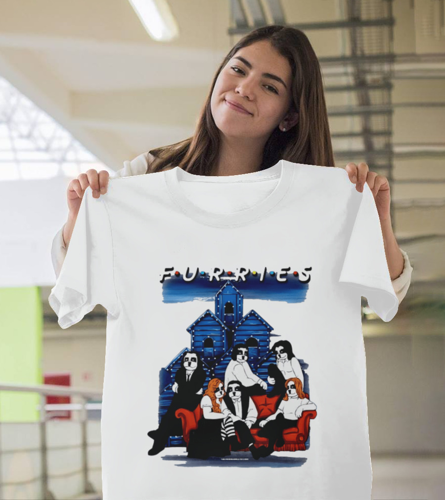 Furries Friends Group Sitting In Front Of Blue Houses T-Shirt