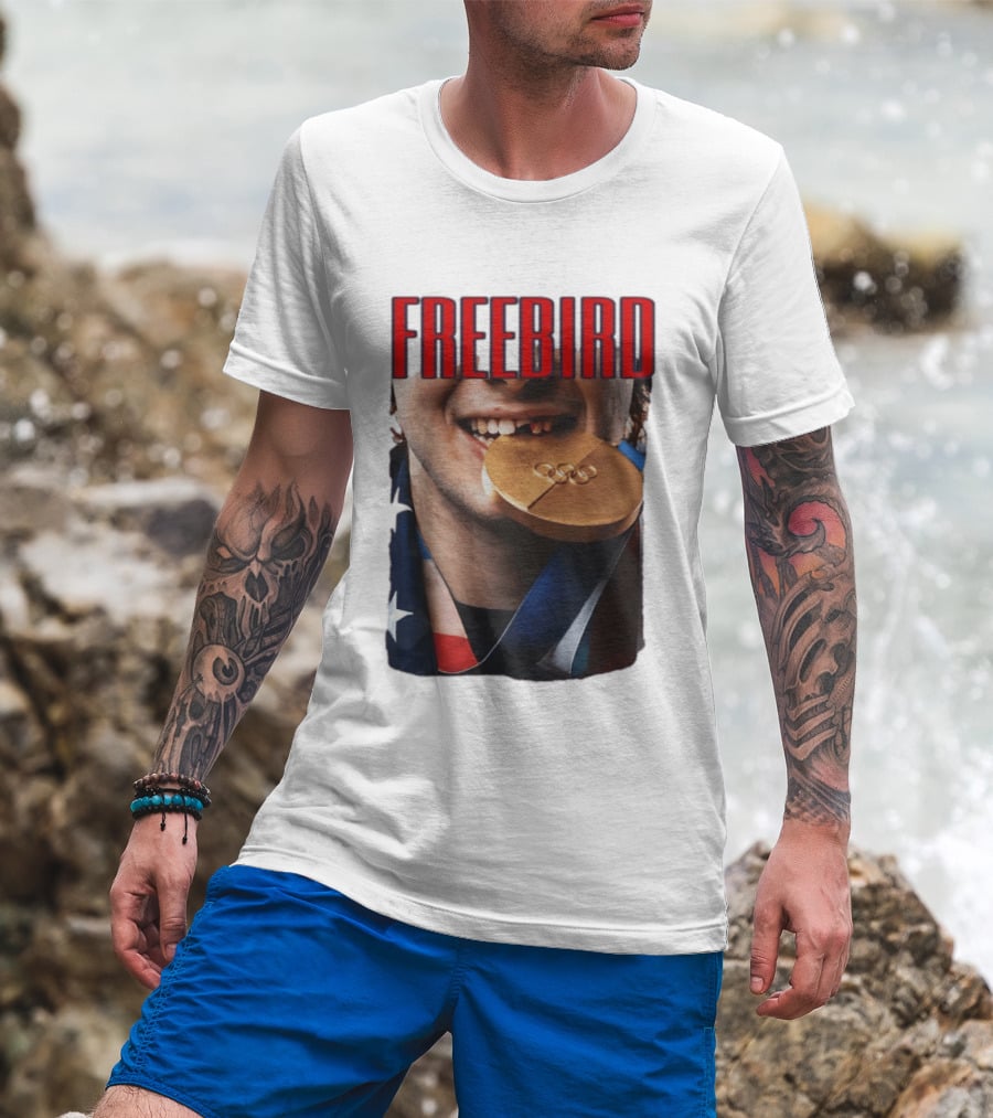 Jack Hughes Freebird Golden Smile Olympic Medal Bite T-Shirt