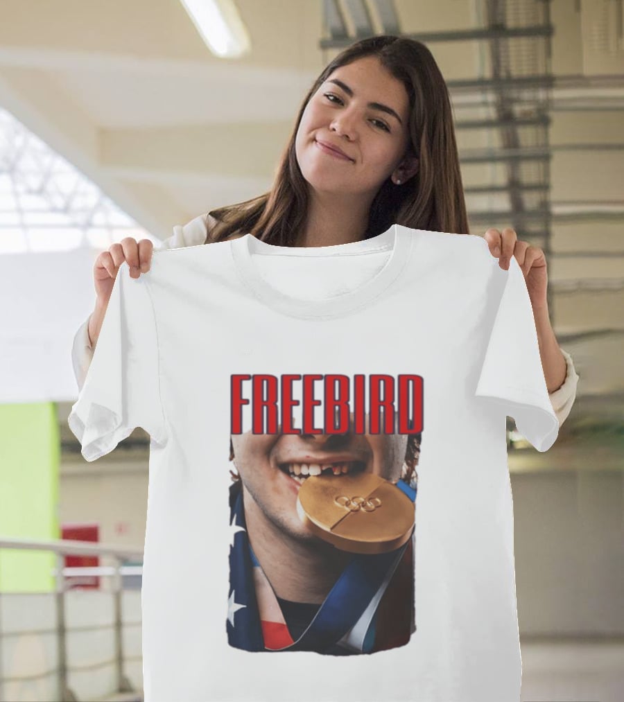 Jack Hughes Freebird Golden Smile Olympic Medal Bite T-Shirt