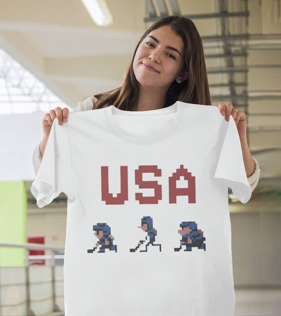 USA Hockey 8 Bit Pixel Characters Retro Sports T-Shirt