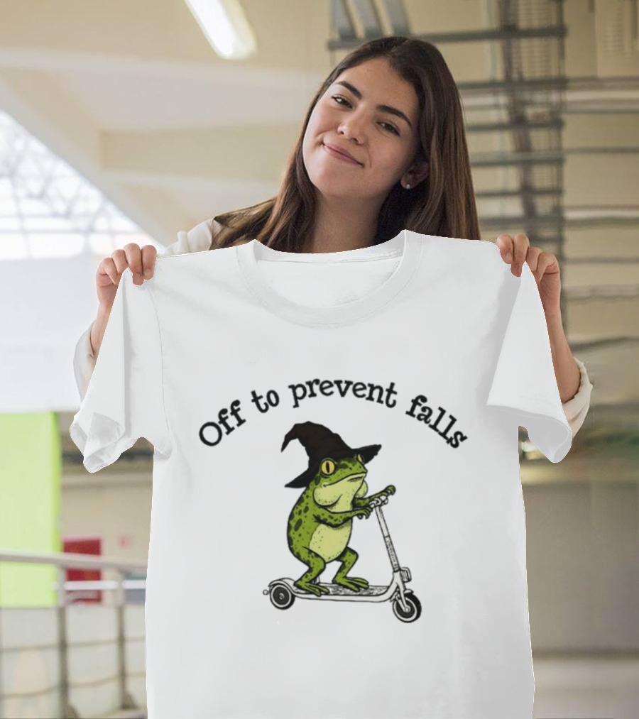 Off To Prevent Falls Frog Scooter Witch Hat Fun Physical Therapy T-Shirt