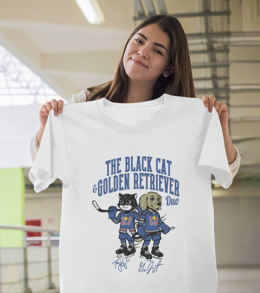 The Black Cat And Golden Retriever Duo Hockey Team 27 13 T-Shirt