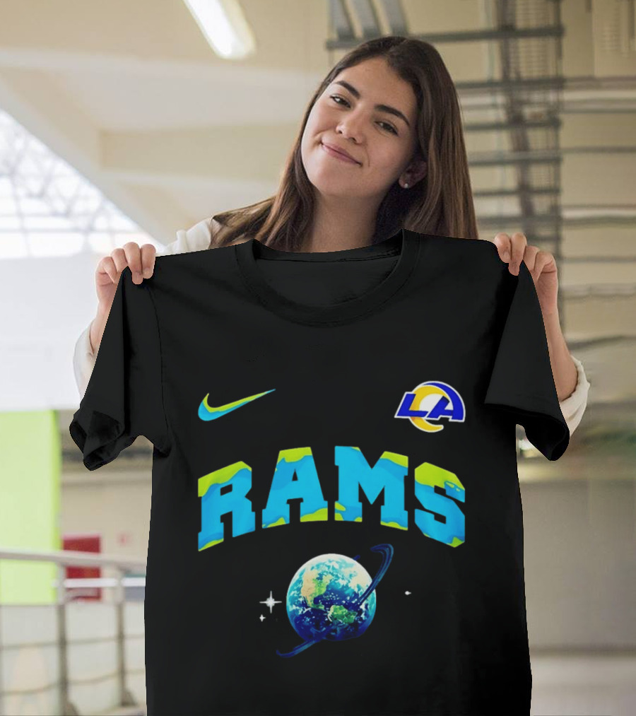 Los Angeles Rams Earth Day One Planet One Goal Nike Collaboration With LA Logo And Planet T-Shirt