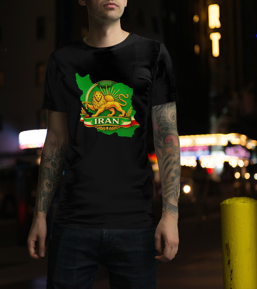Iran Lion And Sun Emblem On Map Of Iran With National T-Shirt