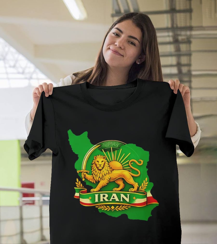 Iran Lion And Sun Emblem On Map Of Iran With National T-Shirt