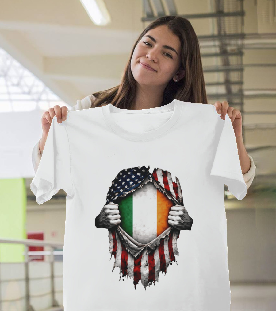 Irish Inside American Flag Tear With Ireland Flag T-Shirt