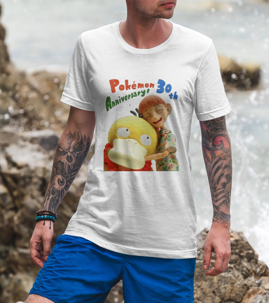 Pokémon 30th Anniversary Pokémon Concierge Psyduck Hugging Celebration T-Shirt