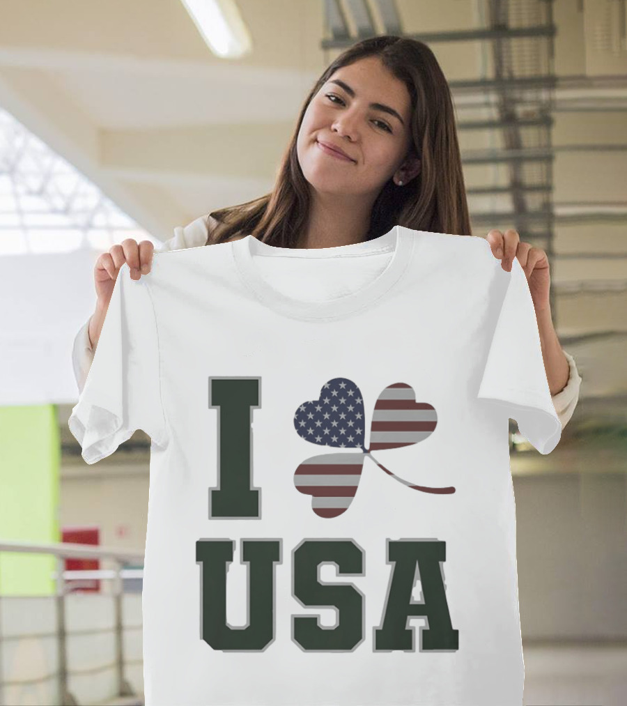 I Love USA St Patrick's Day Shamrock American Flag Heart T-Shirt