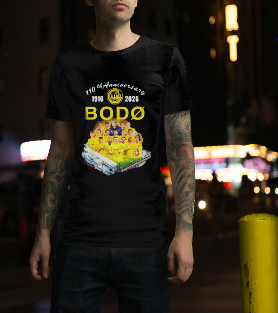 Bodø Glimt 110th Anniversary 1916 2026 Aspmyra Stadion Collage Featuring Players And Signatures T-Shirt