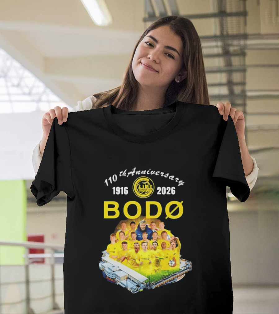 Bodø Glimt 110th Anniversary 1916 2026 Aspmyra Stadion Collage Featuring Players And Signatures T-Shirt